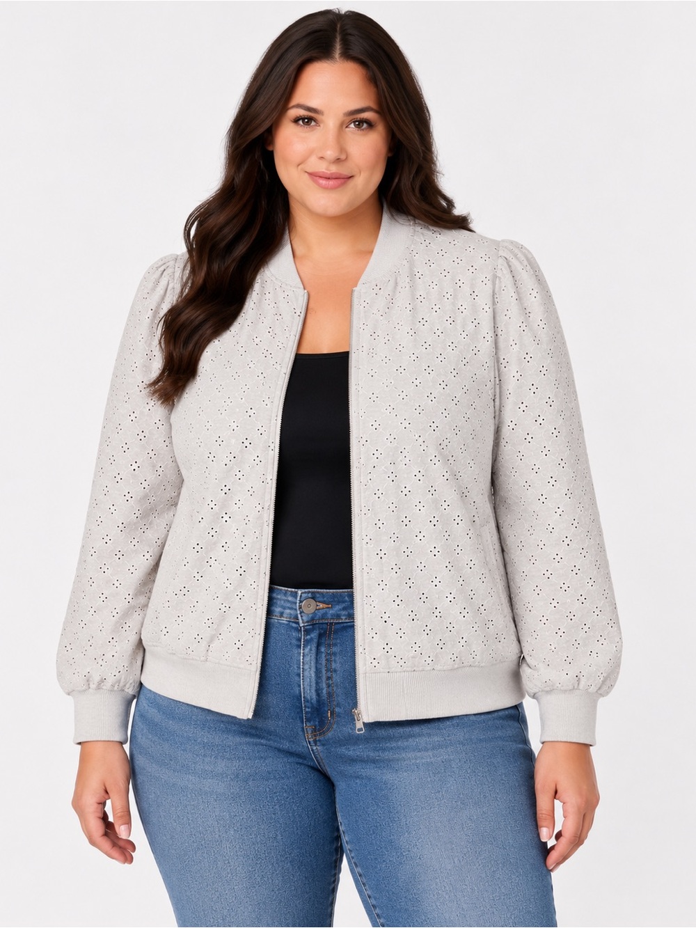 Torrid Eyelet Bomber Jacket Stone Gray Size 3 3X Lightweight Stretch Zip Front